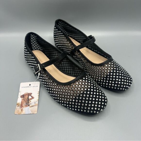 Sincerely Jules Studded Rhinestones Black Mary Jane Ballet Flats - Picture 1 of 5